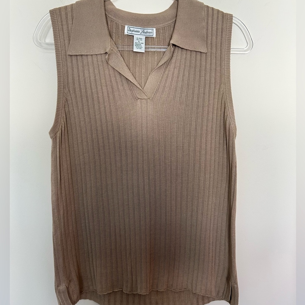 Stephanie Andrews Silk Knit Shell Polo Sleeveless Top Taupe Beige‎ Size Large